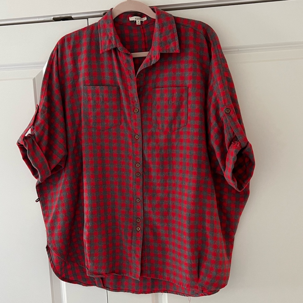 Easel Gray and Red Flannel Top